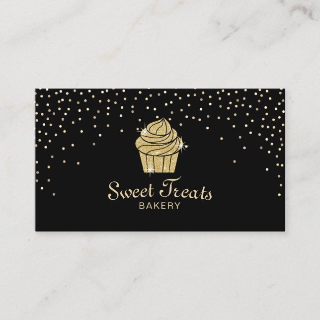 Gold Cupcake Bakery Sweet Treats Modern Confetti Business Card (Front)