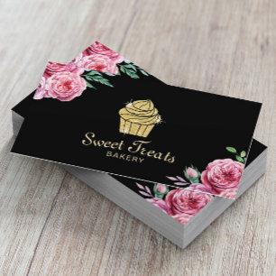 Gold Cupcake Bakery Sweet Treats Modern Floral Business Card