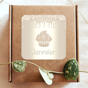 Gold cupcake glitter drips name modern glam luxury square sticker