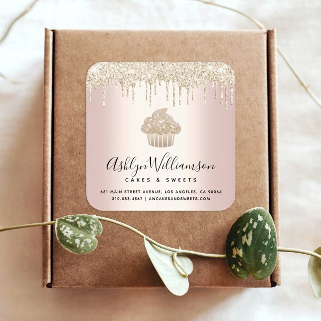 Gold Cupcake Glitter Drips Pink Pastry Chef Bakery Square Sticker (Creator Uploaded)