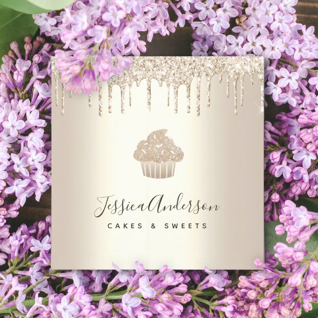 Gold Cupcake Pastry Bakery Chef Glitter Drips Chic Square Business Card (Creator Uploaded)