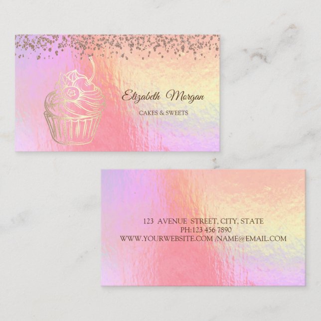 Gold Cupcake,Sweets,Bakery Holographic  Business Card (Front/Back)