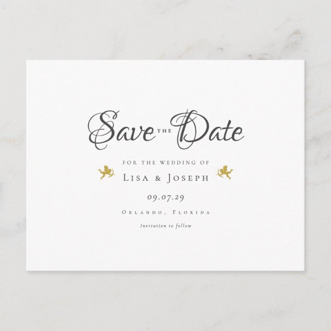 Gold Cupids Elegant Script Save the Date Announcement Postcard (Front)