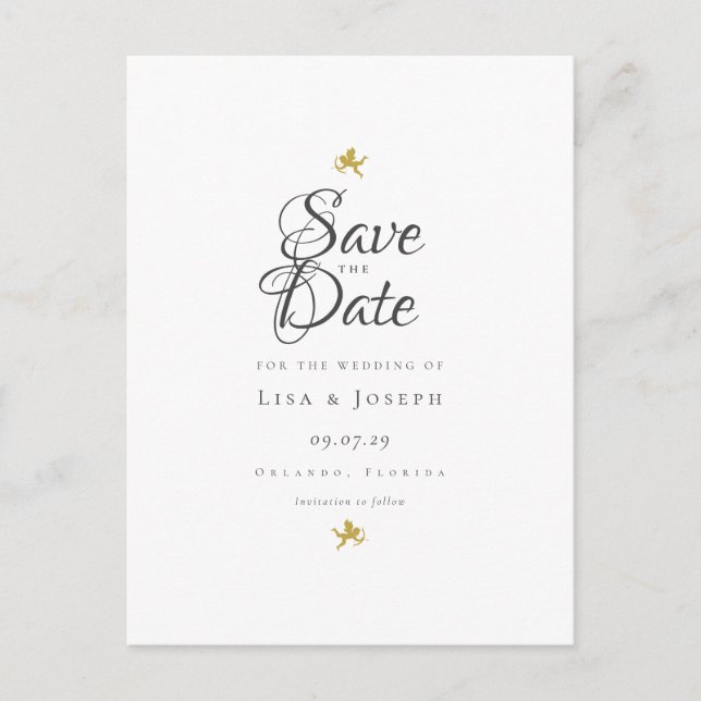 Gold Cupids Elegant Script Save the Date Announcement Postcard (Front)
