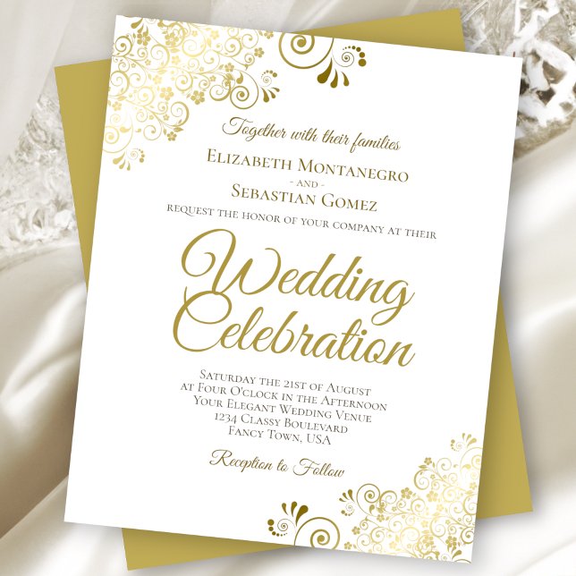 Gold Curls Elegant White BUDGET Wedding Invitation (Creator Uploaded)
