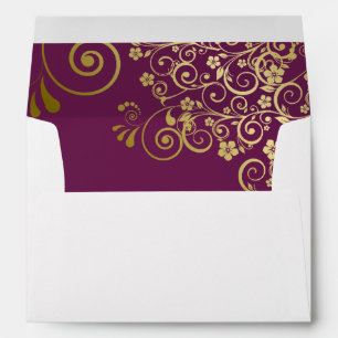 Gold Curls Magenta Plum Inside Elegant Wedding Envelope
