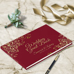 Gold Curls Maroon Burgundy Frilly Elegant Wedding Guest Book<br><div class="desc">This elegant guest book will serve as a special memento of your wedding day. It features frilly and ornate faux foil gold filigree with chic script lettering on a maroon or wine red burgundy background.</div>