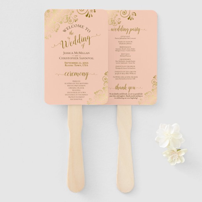 Gold Curls on Coral Peach Elegant Wedding Program Hand Fan (Front and Back)