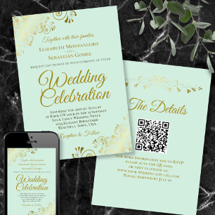 Gold Curls on Mint Green Elegant QR Code Wedding Invitation