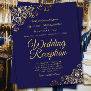 Gold Curls on Navy Wedding Reception BUDGET Invite