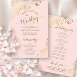 Gold Curls on Pink Elegant Budget Wedding Program<br><div class="desc">These wedding programs are elegant and tasteful, while still being budget friendly. The design features ornate golden faux foil curls and swirls with gold text on a pale blush pink background. The typography features lacy script calligraphy, and there is room for details on the ceremony, the bridal party, and a...</div>