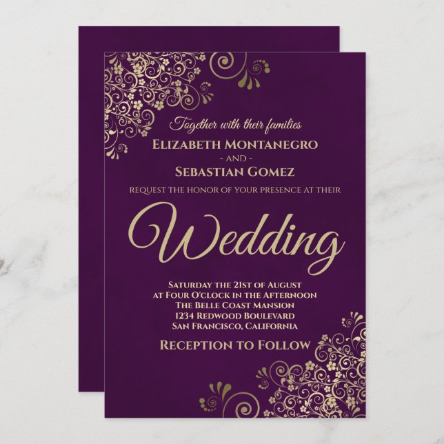 Gold Curls Simple Chic Elegant Plum Purple Wedding Invitation (Front/Back)