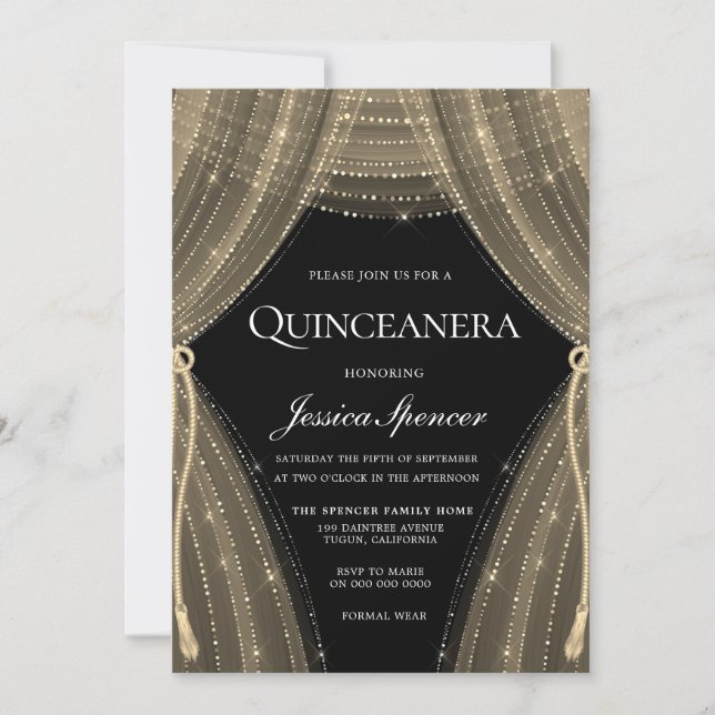 Gold Curtains Theme Party Quinceanera Invite (Front)