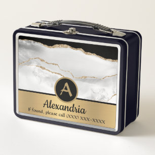 Gold Custom Monogram Black and White Luxury Chic Metal Lunch Box