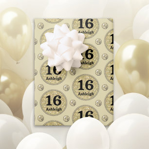 Gold Custom Name Age 16 Birthday Wrapping Paper Sheet