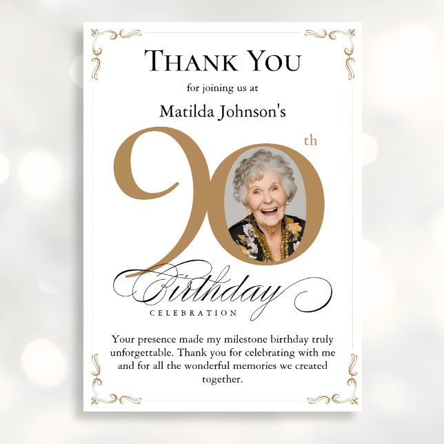 Gold Custom Photo 90th Birthday Thank You Card (Mockup View)