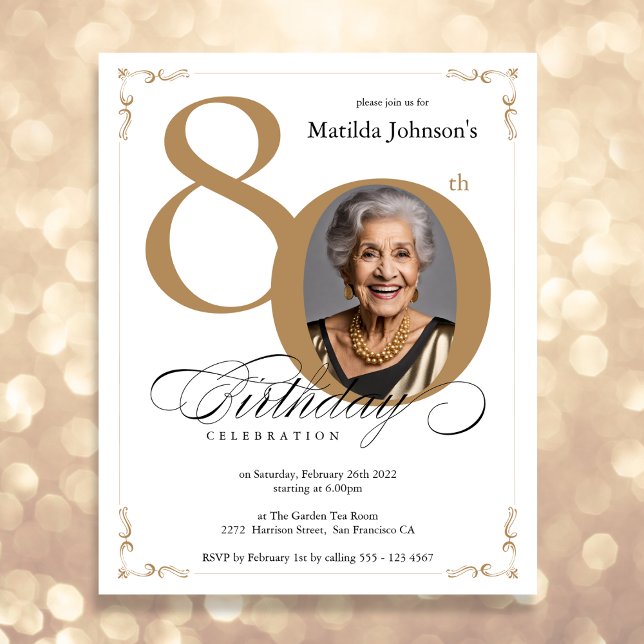 Gold Custom Photo Budget 80th Birthday Invitation (Mockup View)
