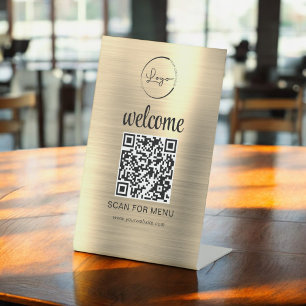 Gold Custom QR Code Menu Text Modern Business Pedestal Sign