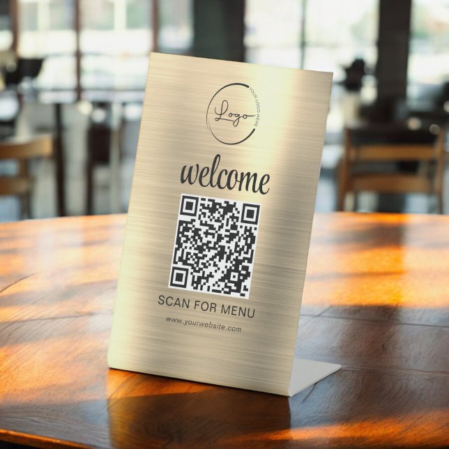 Gold Custom QR Code Menu Text Modern Business Pedestal Sign (Creator Uploaded)