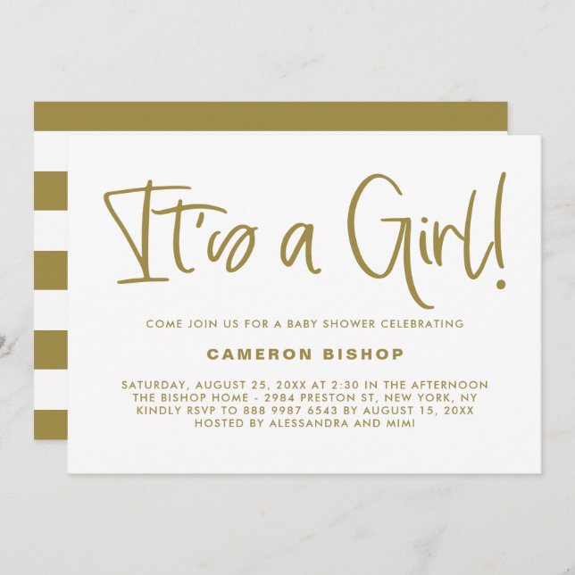 Gold Cute Calligraphy It's a Girl Baby Shower Invitation (Front/Back)