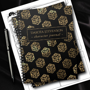 Gold D20 Pattern Tabletop Role Player Character Notebook