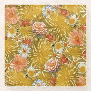 Gold dahlia flowers, vintage floral design. glass coaster