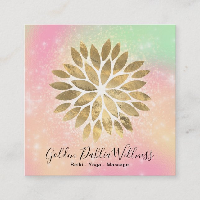 *~* Gold Dahlia Pastel Peach Yellow Green AP2 Square Business Card (Front)
