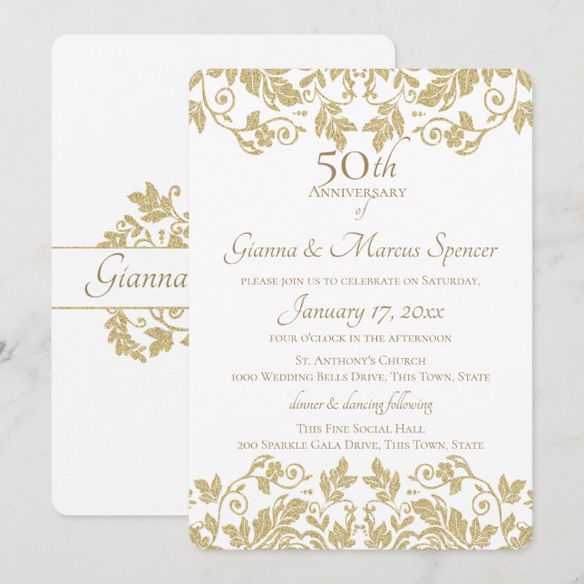 Gold Damask 50th Anniversary Invitation (Front/Back)