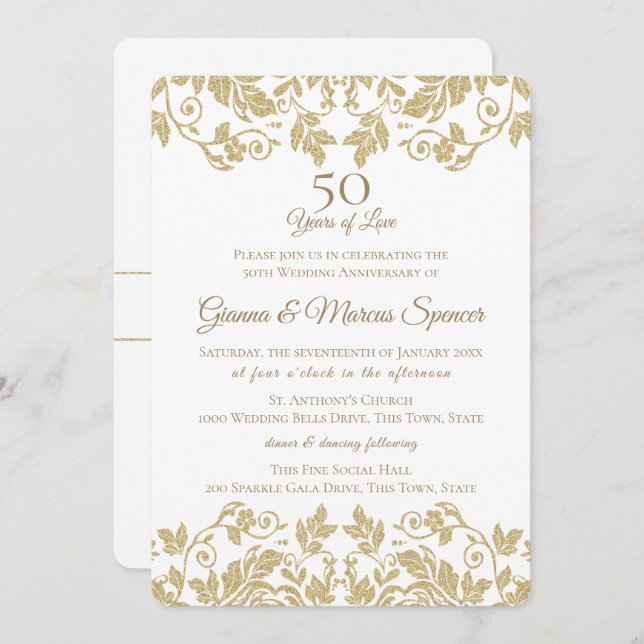 Gold Damask 50th Anniversary Invitation (Front/Back)