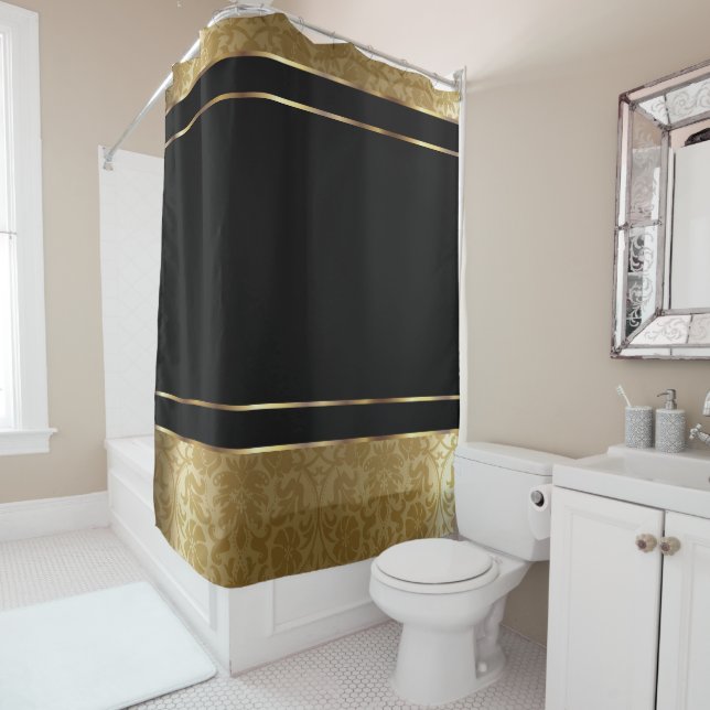 Gold Damask and Black Design Shower Curtain (In Situ)