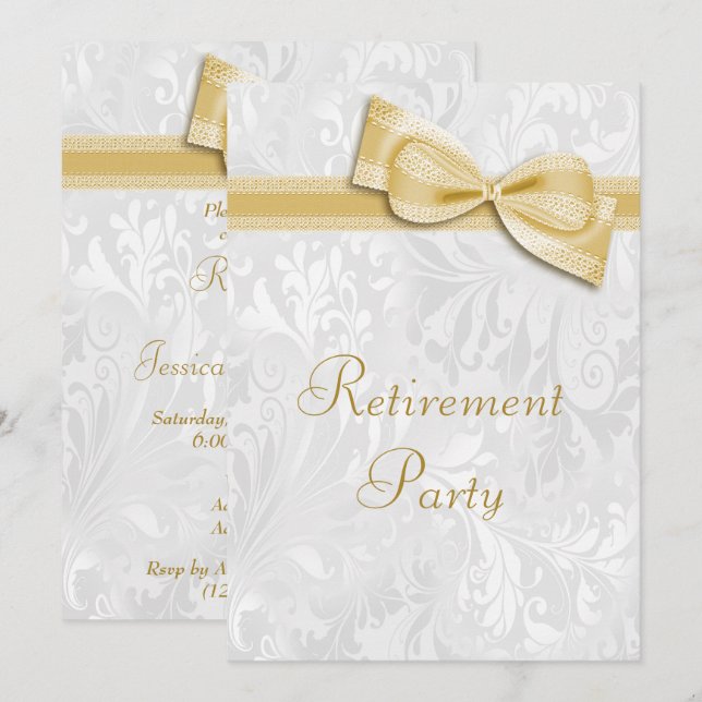 Gold Damask and Faux Bow Retirement Invitation (Front/Back)