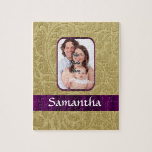 Gold damask and purple ribbon jigsaw puzzle