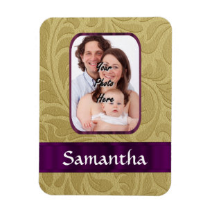 Gold damask and purple ribbon magnet