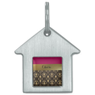 Gold Damask and Red Pet House Tag