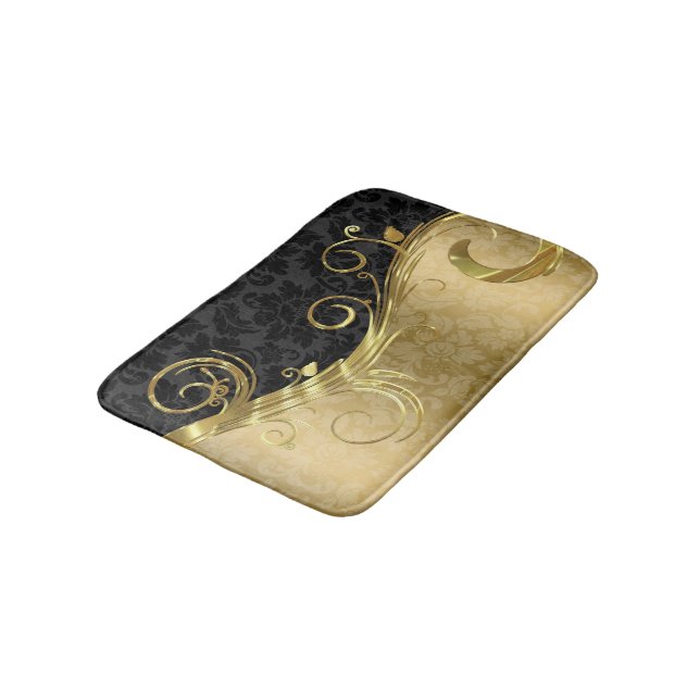 Gold Damask And Swirl And Black Damask Bath Mat (Angled)