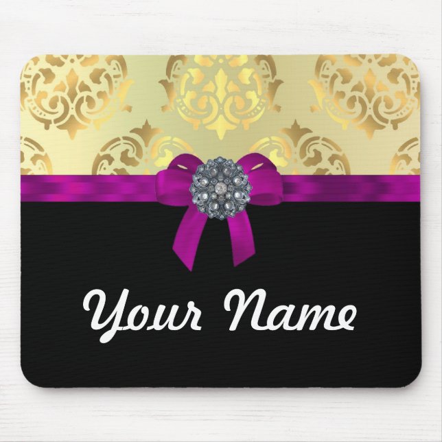Gold damask & black personalised mouse pad (Front)