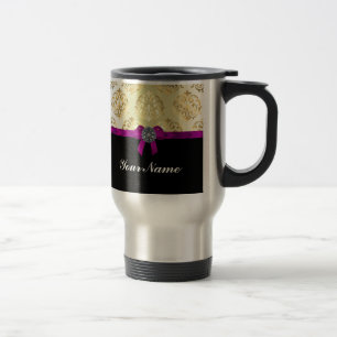 Gold damask & black personalised travel mug