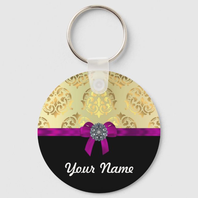 Gold damask & black personalized key ring (Front)