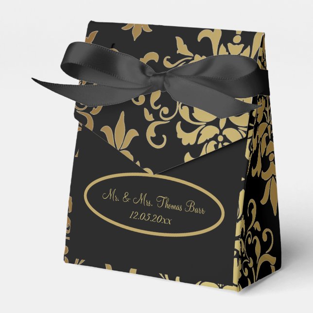 Gold Damask Black Script Wedding Elegant Favour Box (Front Side)
