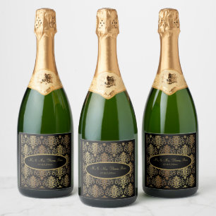 Gold Damask Black Script Wedding Elegant Sparkling Wine Label