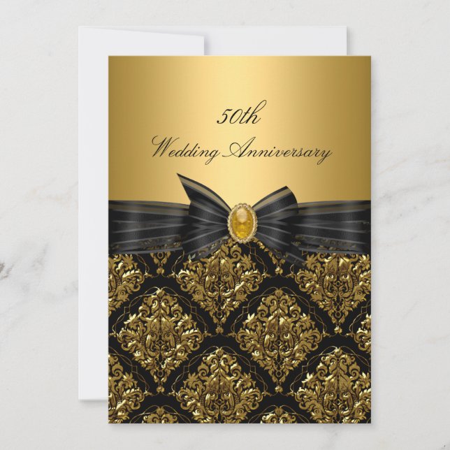 Gold Damask & Bow 50th Wedding Anniversary Invite (Front)