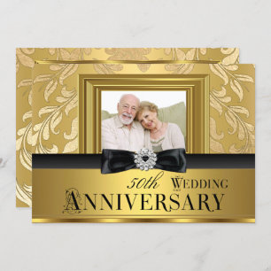 Gold Damask Bow Photo 50th Wedding Anniversary 4 Invitation