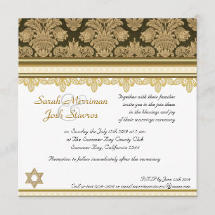 Gold Damask Brocade Jewish wedding Invitation
