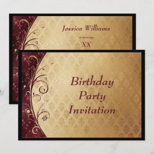 Gold Damask & Burgundy Sparkles Birthday Invitation