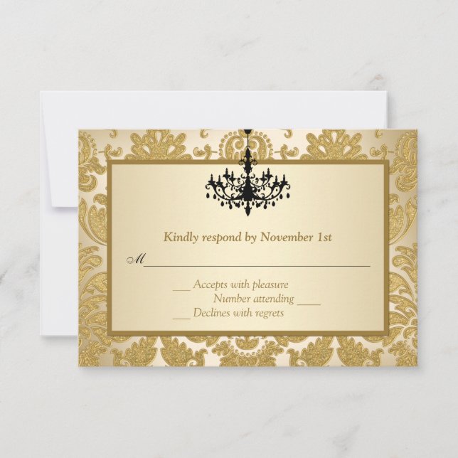 Gold Damask, Chandelier Anniversary Reply Card (Front)