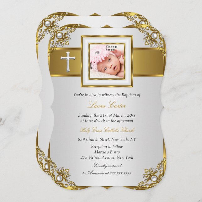 Gold Damask Cross Photo Baptism Christening 2 Invitation (Front/Back)