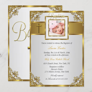 Gold Damask Cross Photo Baptism Christening Invitation