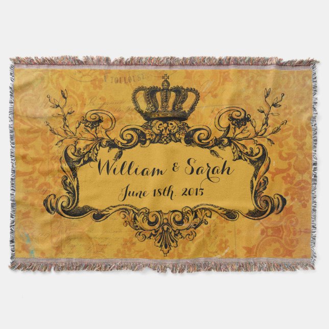 Gold Damask Custom Wedding Royal Crown Throw (Front)