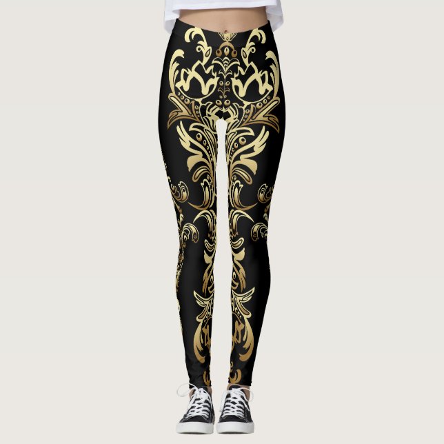 Gold Damask, Floral Arabesque Pattern. Leggings (Front)