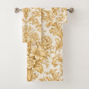 Gold Damask Floral Bath Towel Set